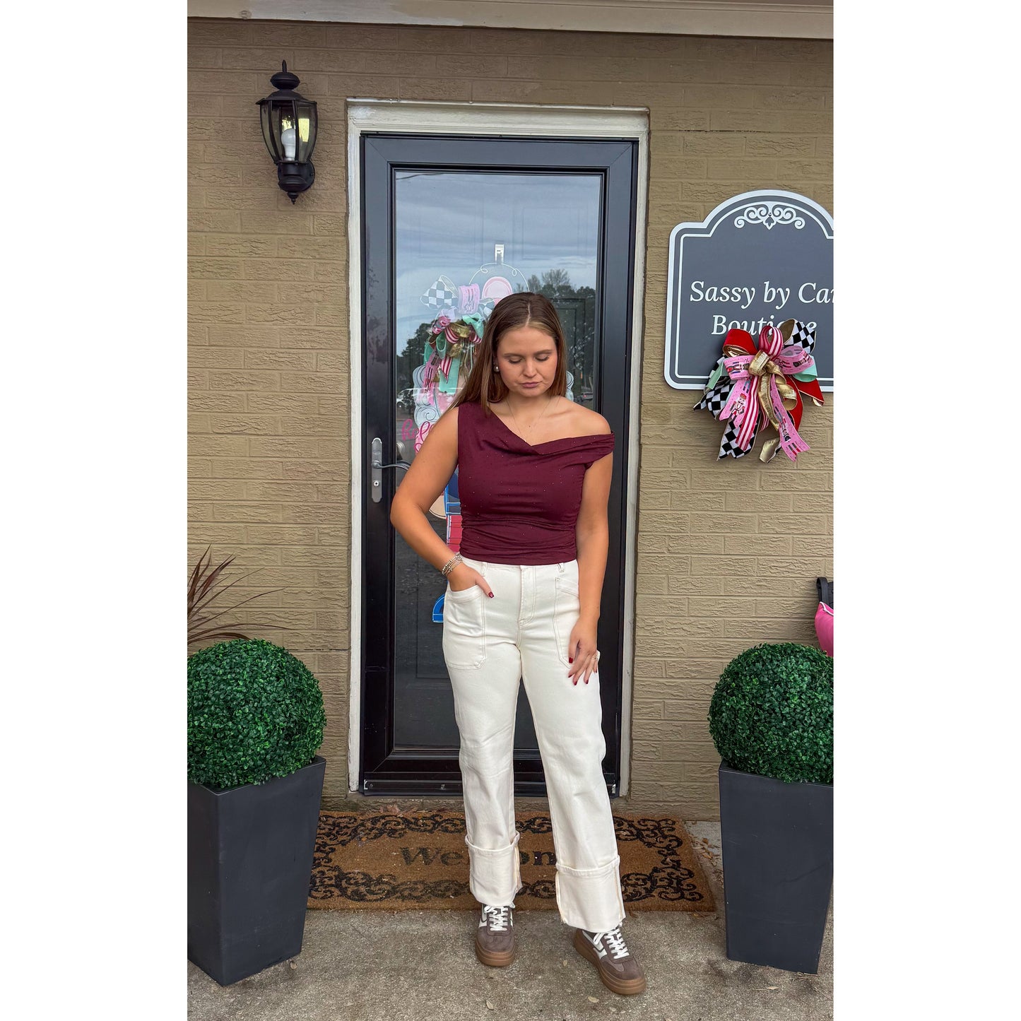 Millie Rhinestone Stud Top, Burgundy