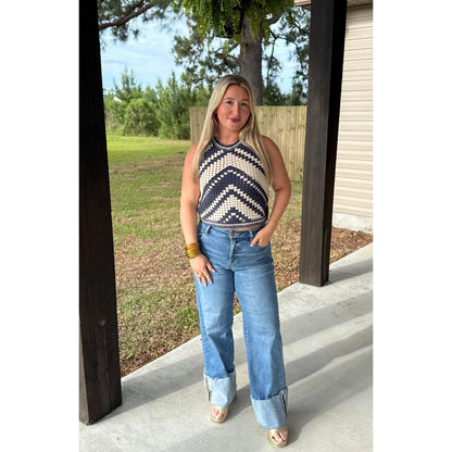 Crochet Crop Top, Navy/Ivory