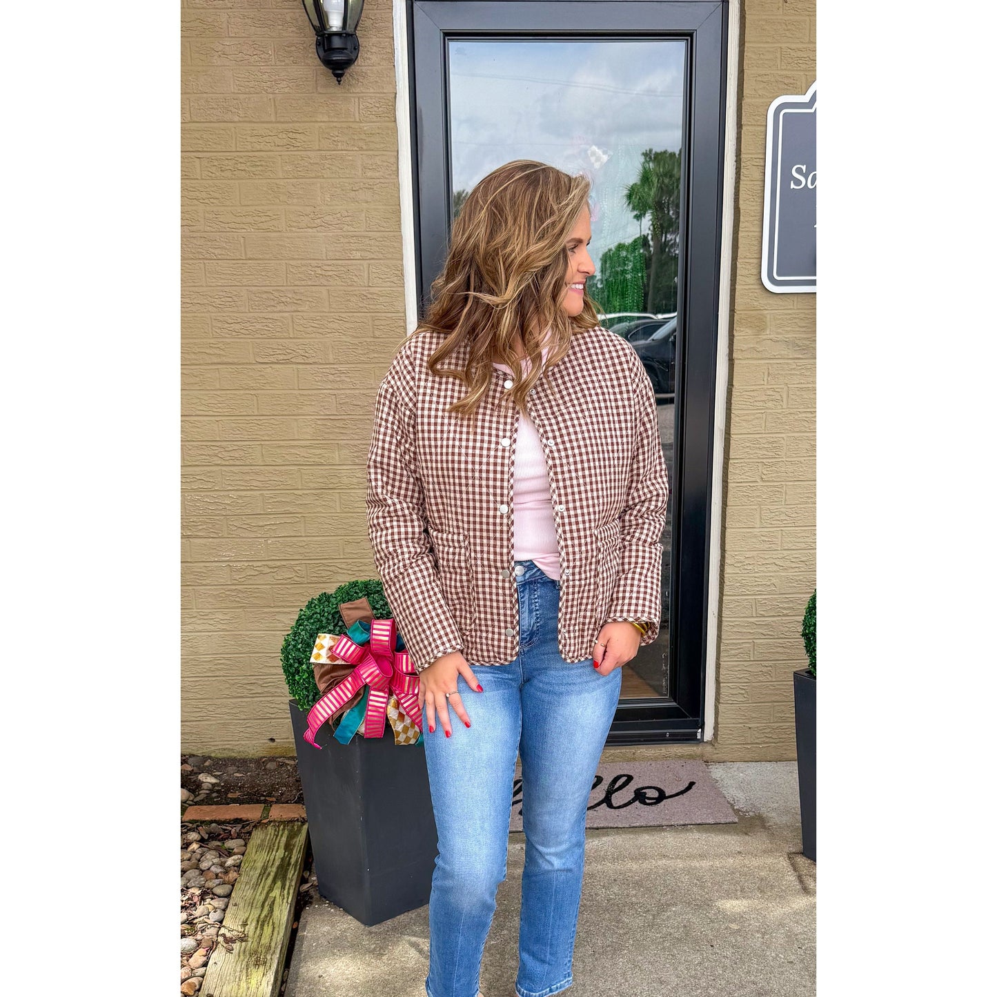 Livie Gingham Jacket, Espresso/Ivory