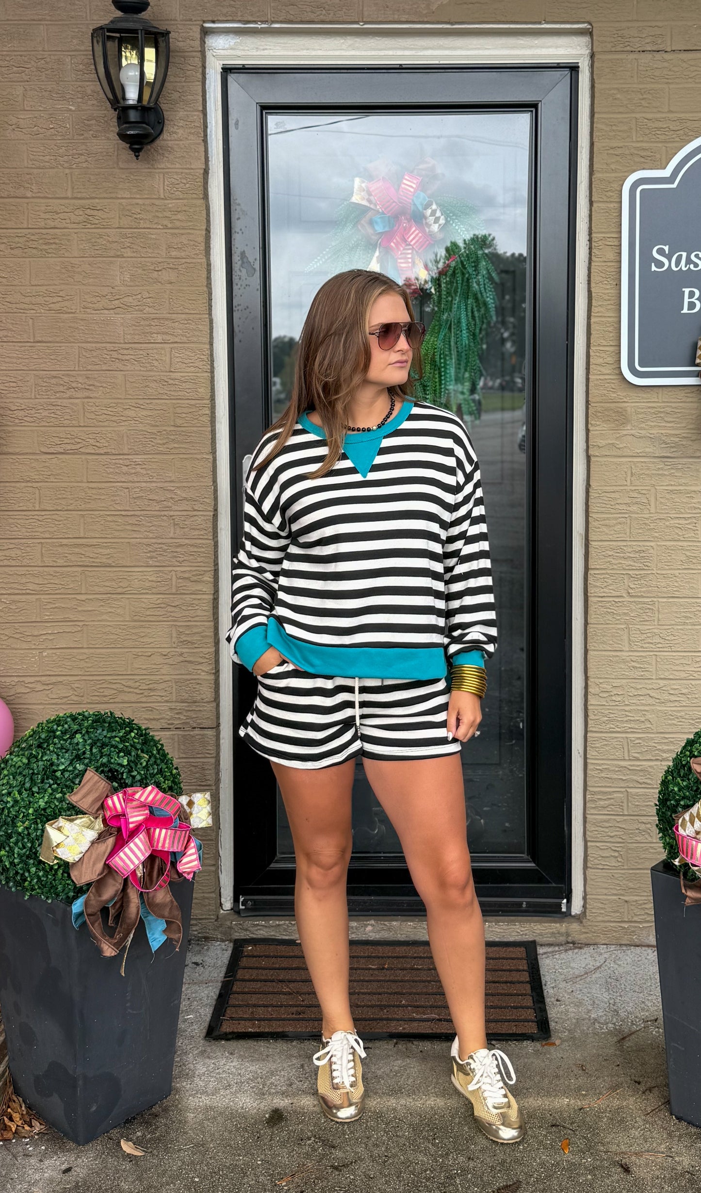 Henley Stripe Lounge Set, Black/Teal