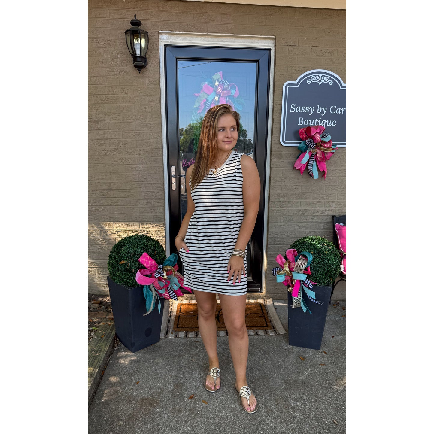 Eloise Stripe Mini Dress, Black/Ivory