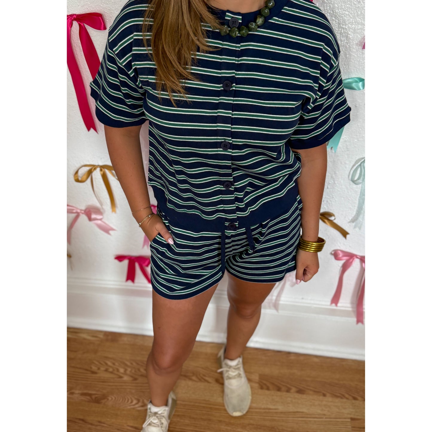 Navy/Hunter Green Stripe Lounge Short Set