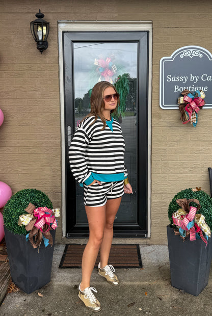 Henley Stripe Lounge Set, Black/Teal