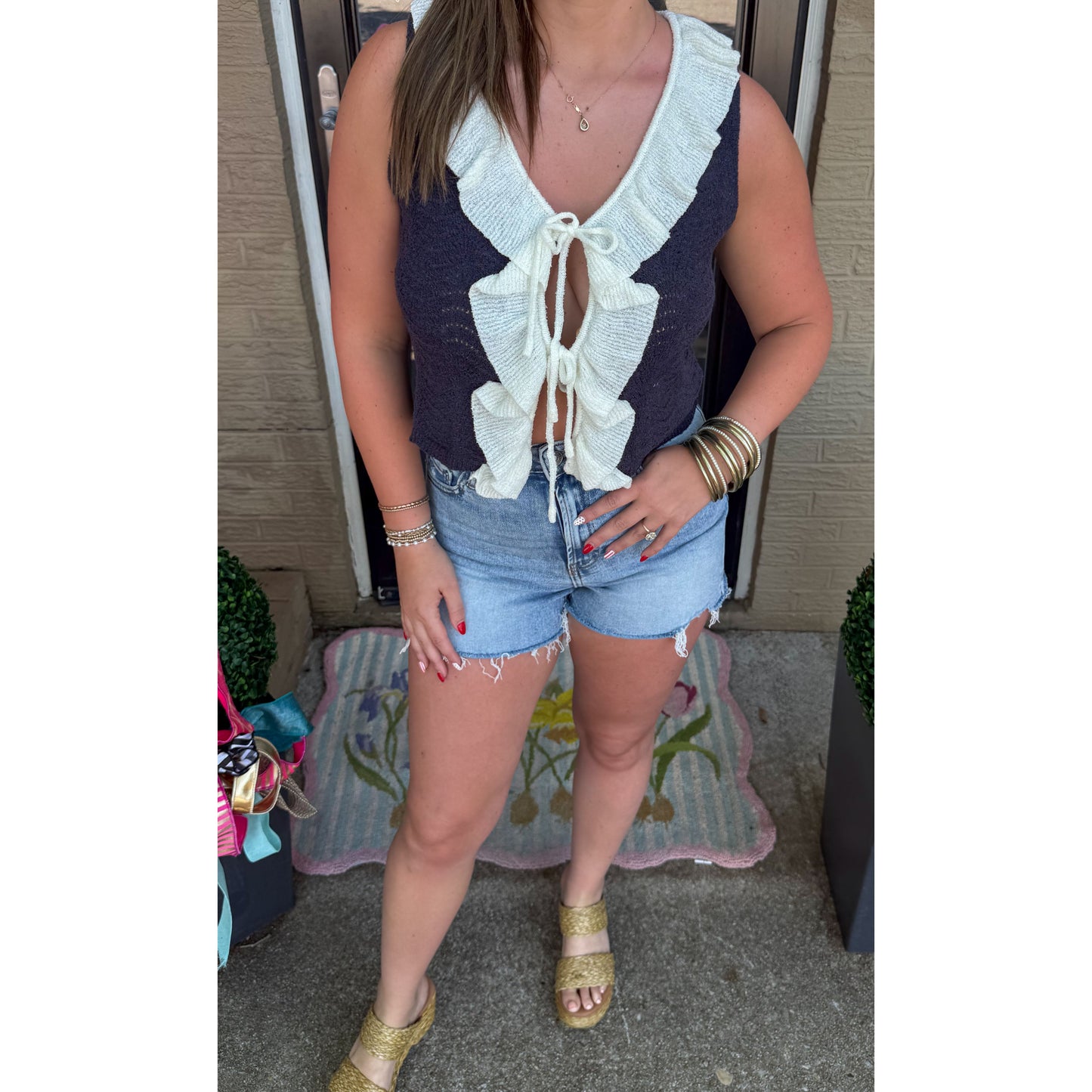 Scotty Lace Tie Top, Navy/Cream