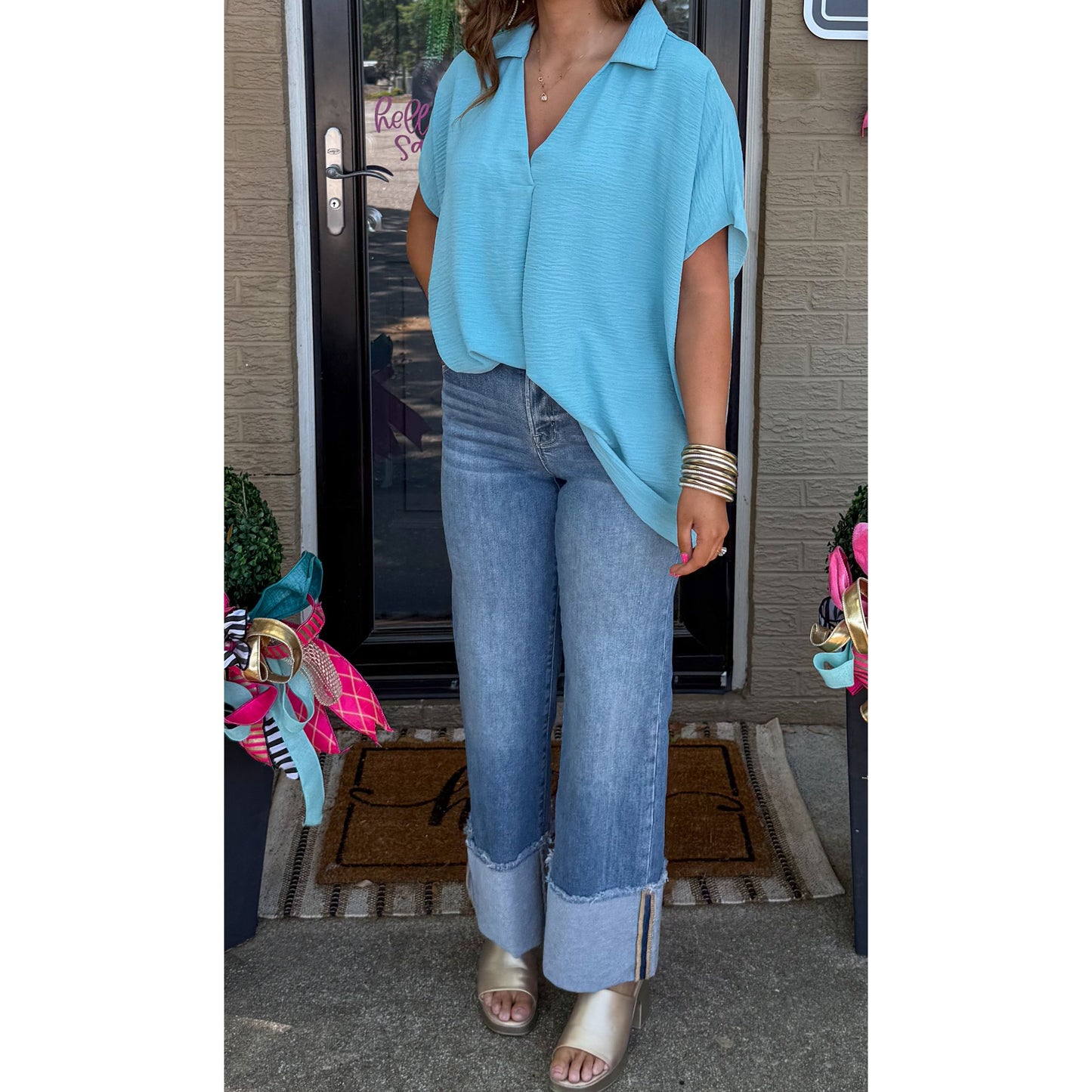 Hannah V-Neck Top, Aqua Blue