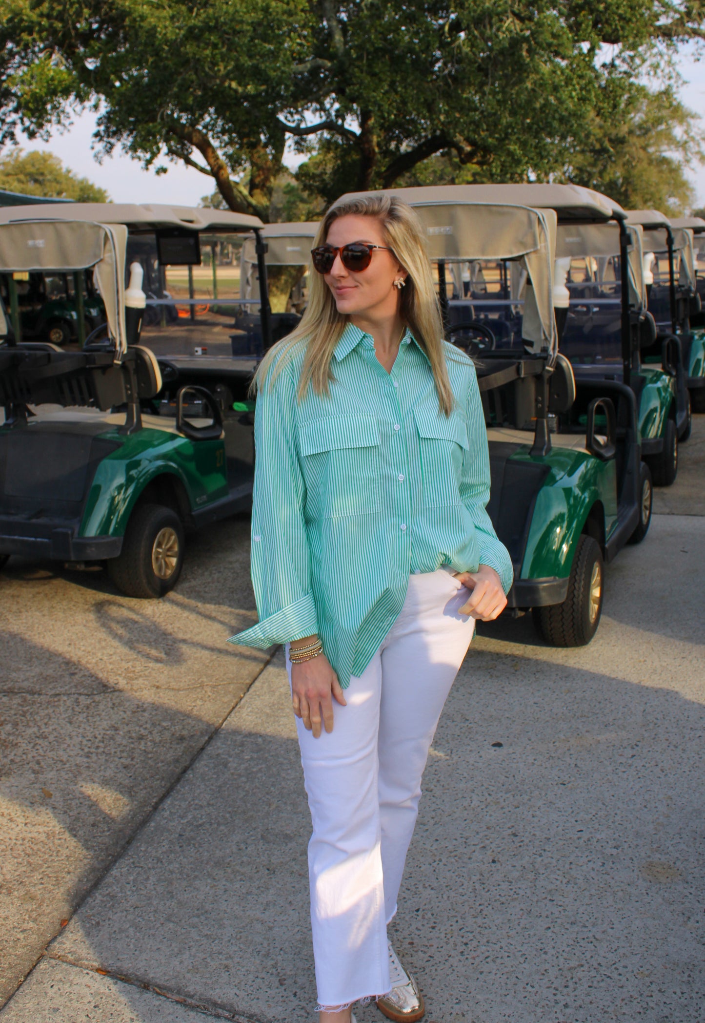 Match Play Stripe Button Down Top, Kelly Green/White