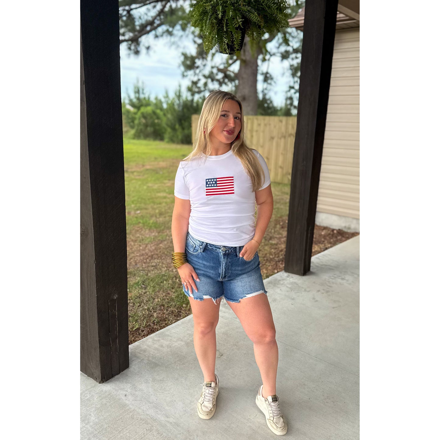 USA Flag Graphic Top, White Multi