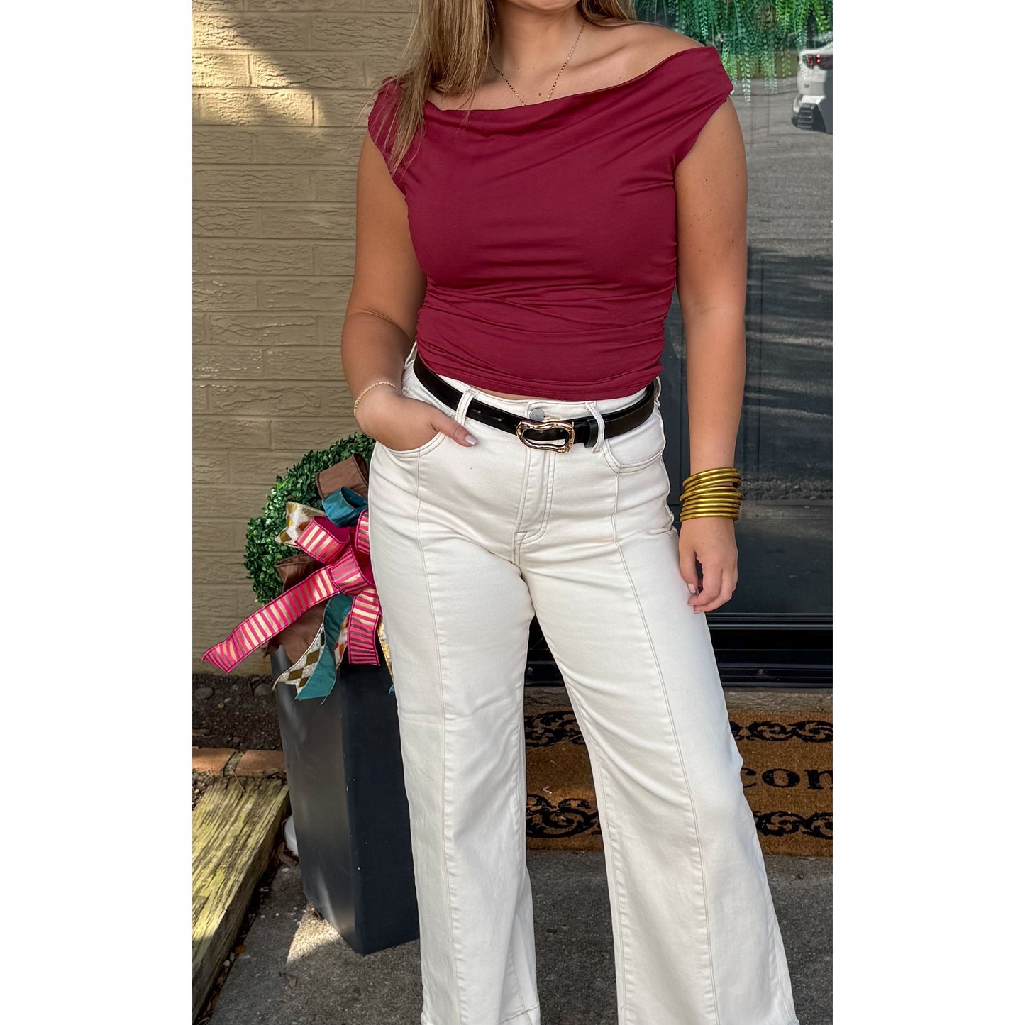 Asymmetrical Neckline Top, Burgundy