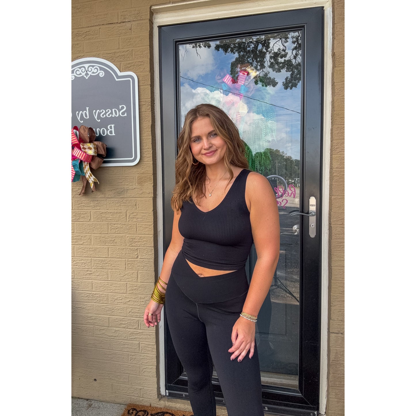 V Neck Ribbed Crop Top, Black