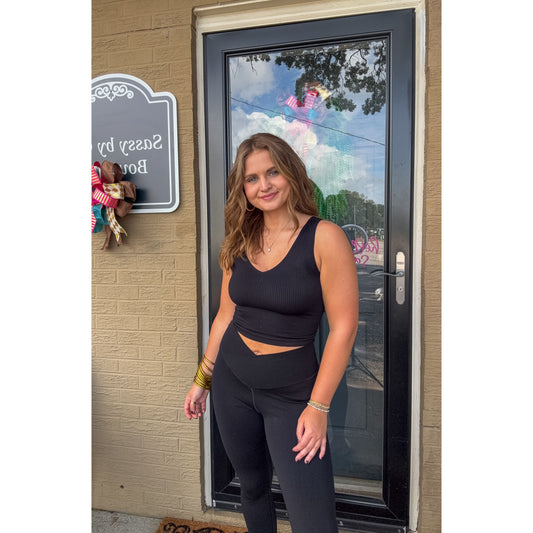 V Neck Ribbed Crop Top, Black
