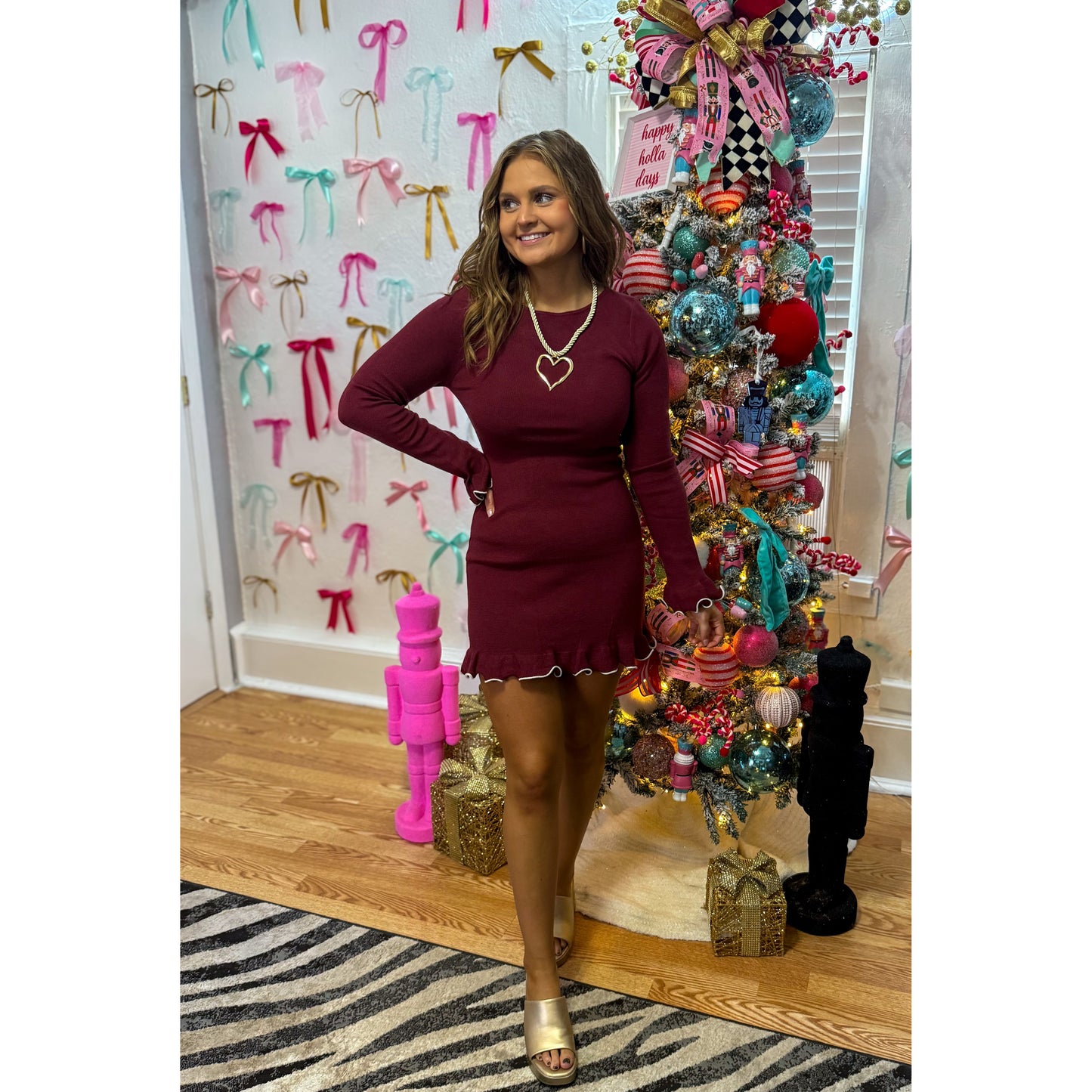 Shelby Knit Mini Dress, Burgundy/Ivory