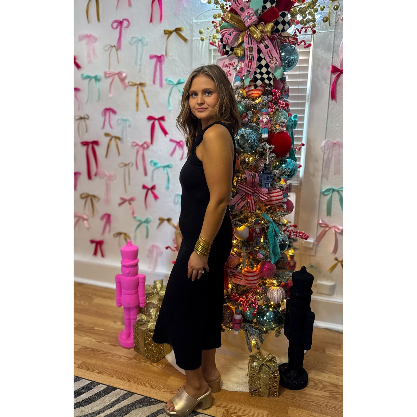 One Shoulder Black Midi Dress