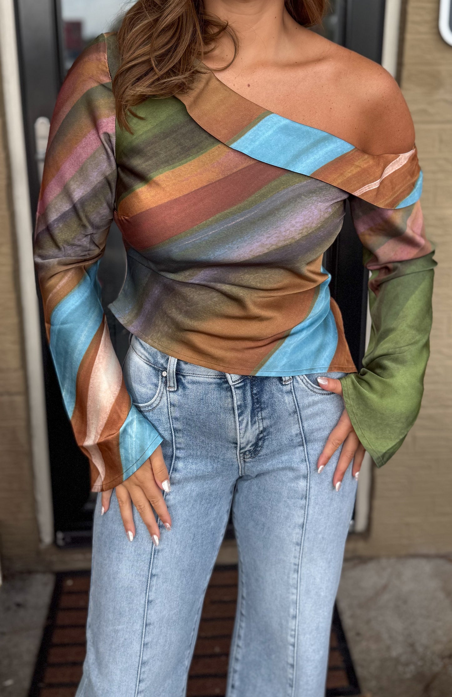 Eloise Detail Asymmetrical Top, Blue Multi