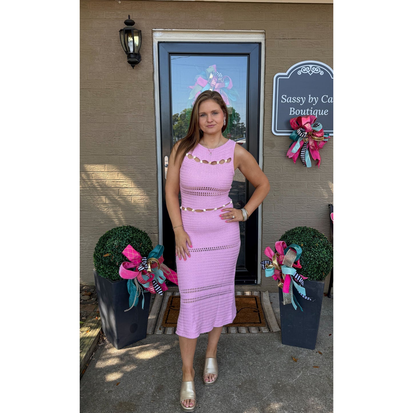 Seashell Detail Knit Dress, Baby Pink