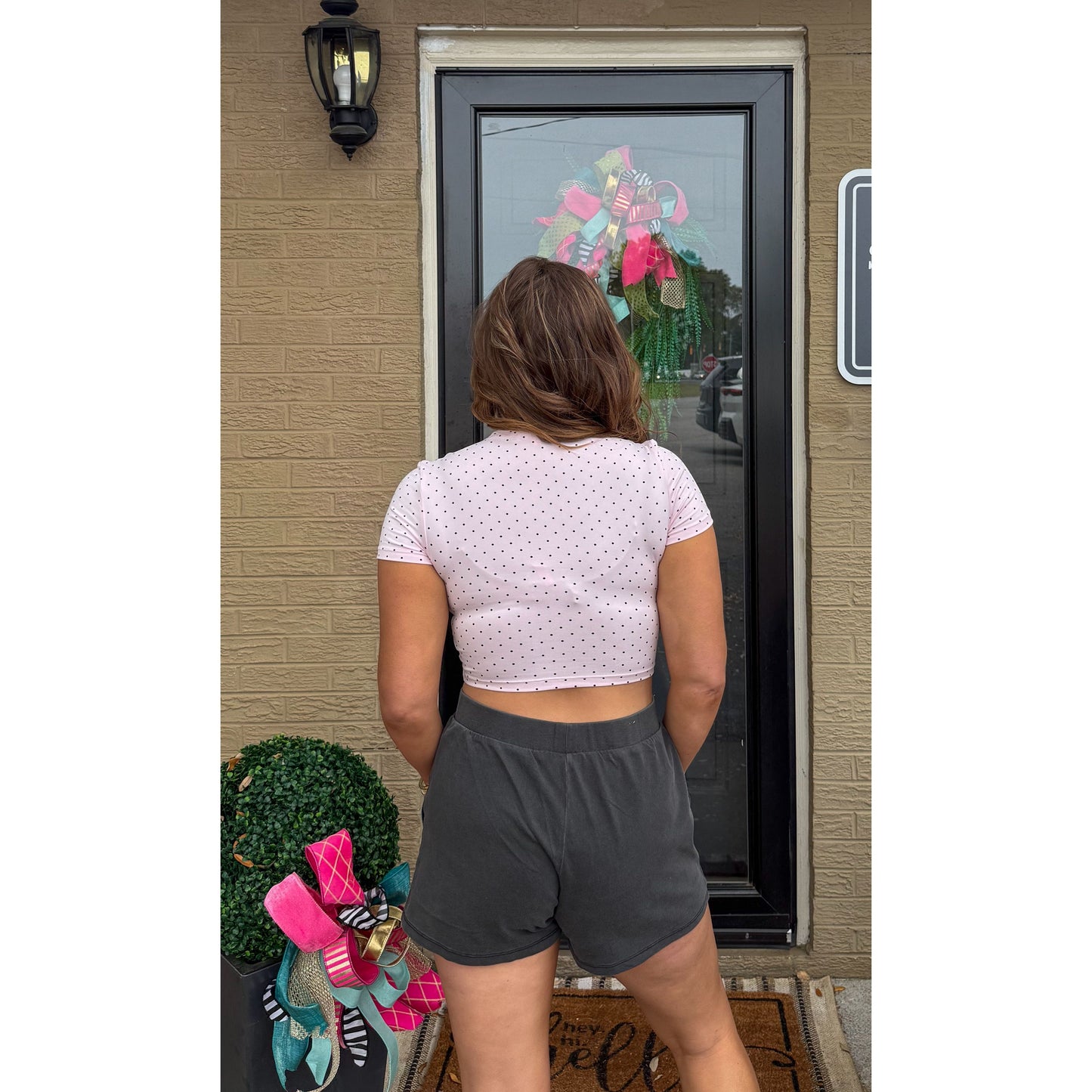 Polka Dot Detail Crop Top, Pink/Black