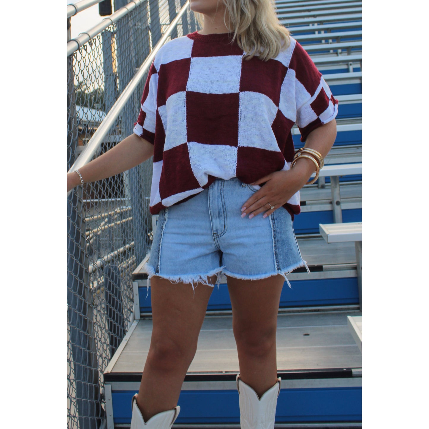 Goal Line Checkered Top, Garnet/White