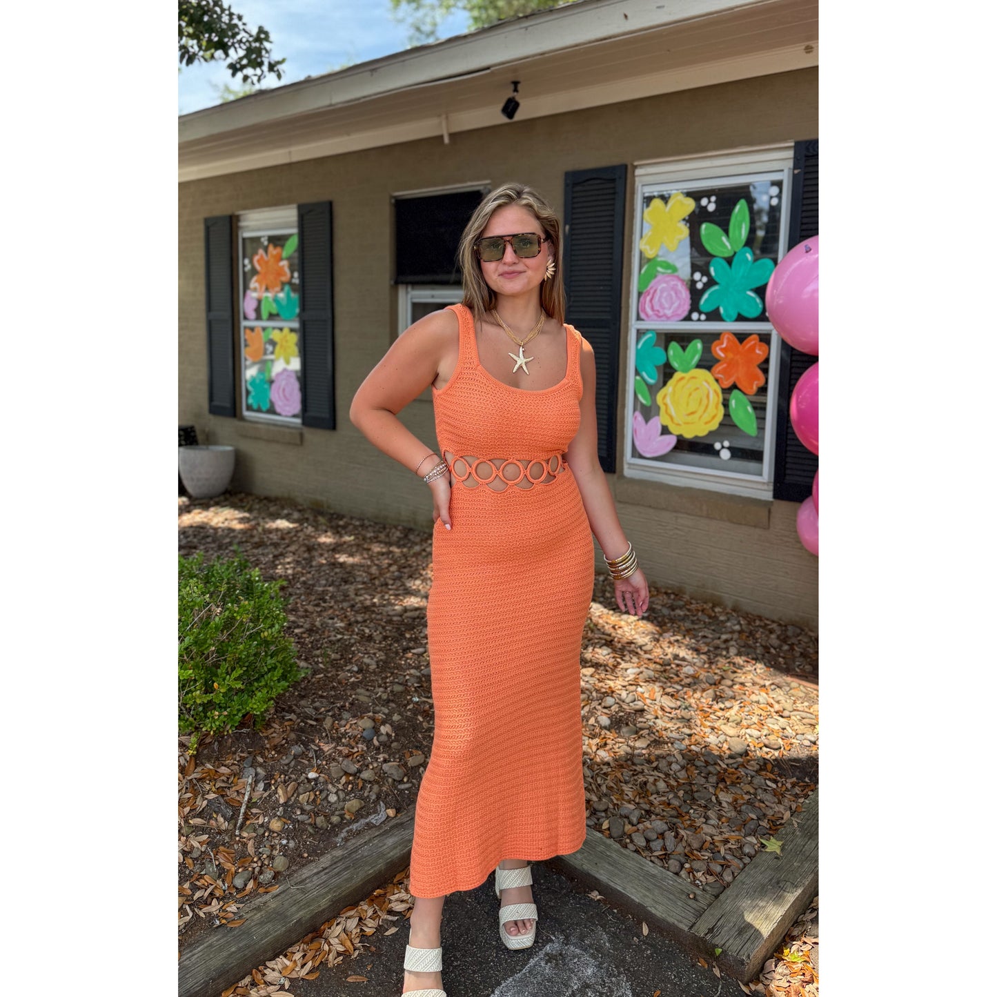O-Ring Crochet Midi Dress, Orange