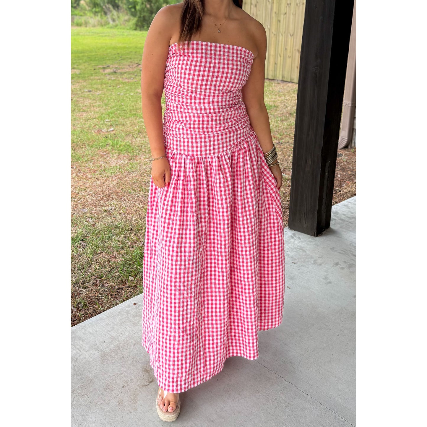 Strapless Gingham Maxi Dress, Red/White