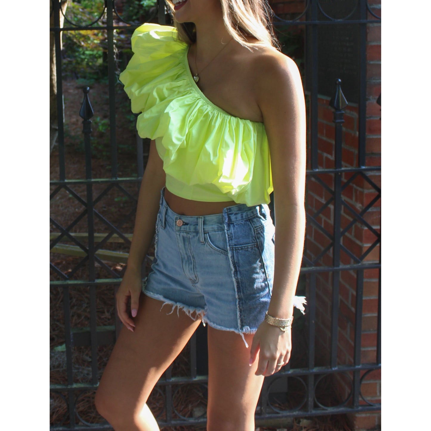 Penny Ruffle Crop Top, Neon Yellow