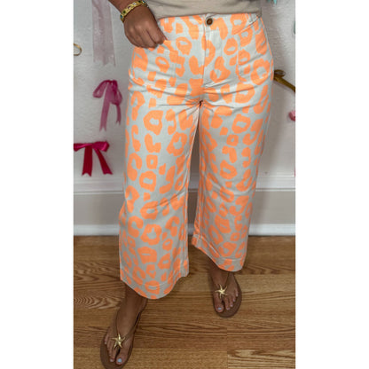 Neon Orange Leopard Wide Leg Pants