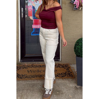 Cuffed Ivory Wide Leg Jeans