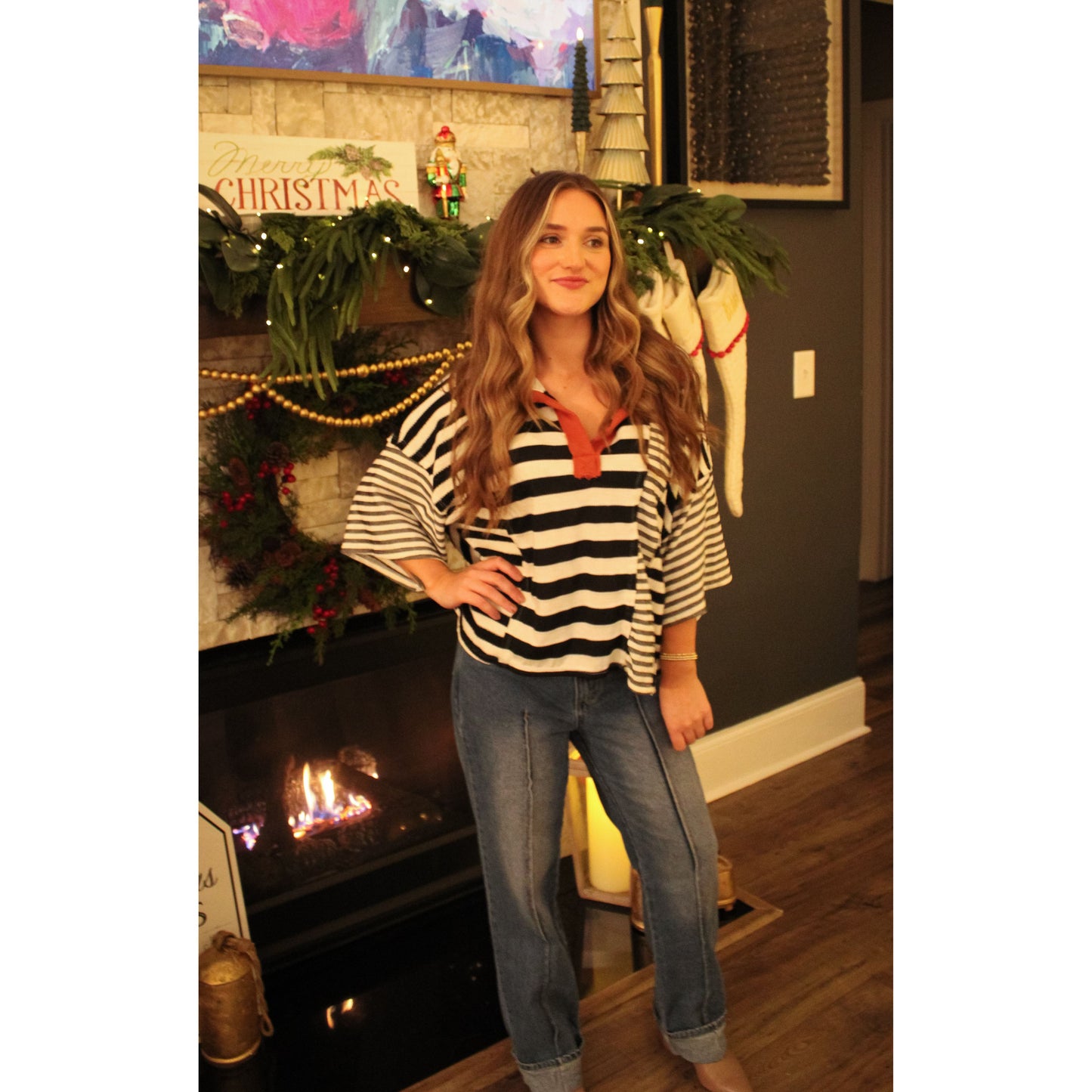 Avery Stripe Top, Black/Pumpkin