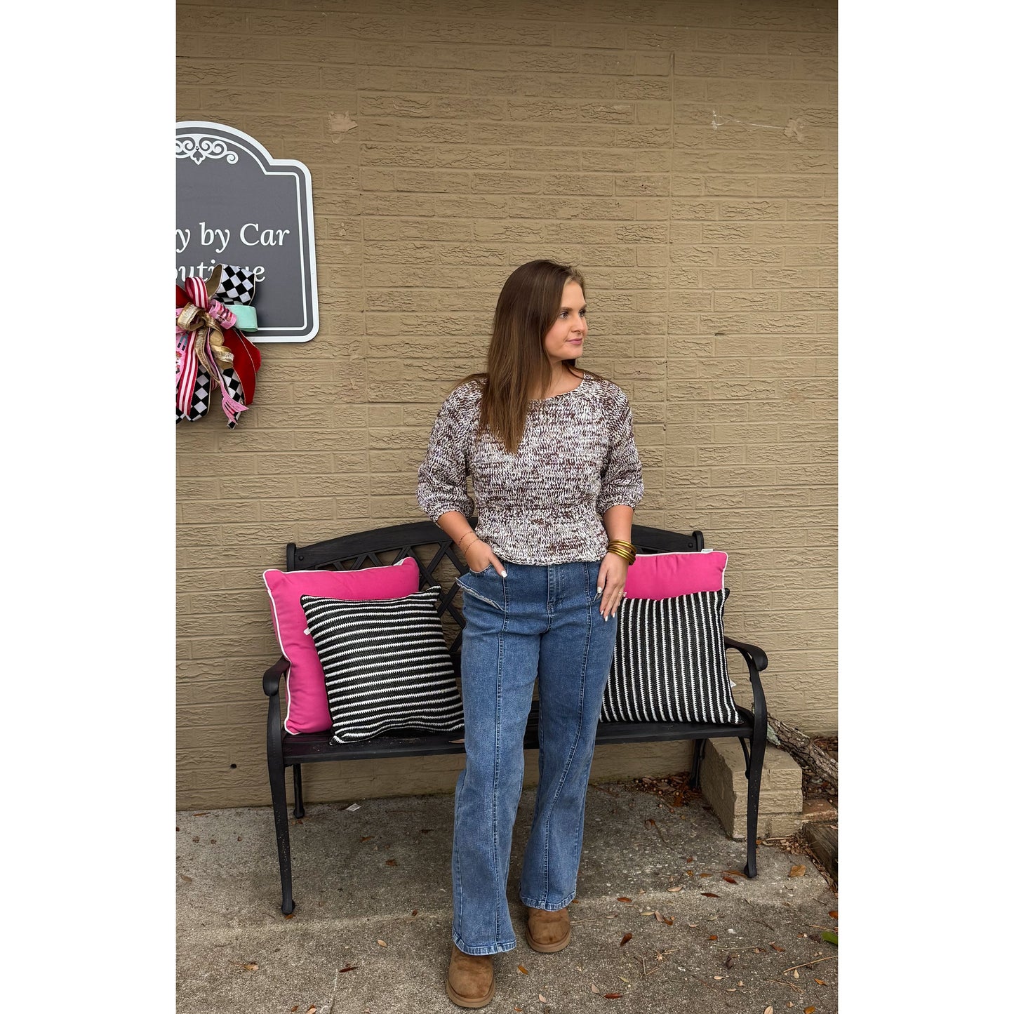 Kinsley Peplum Sweater Top, Dark Oak