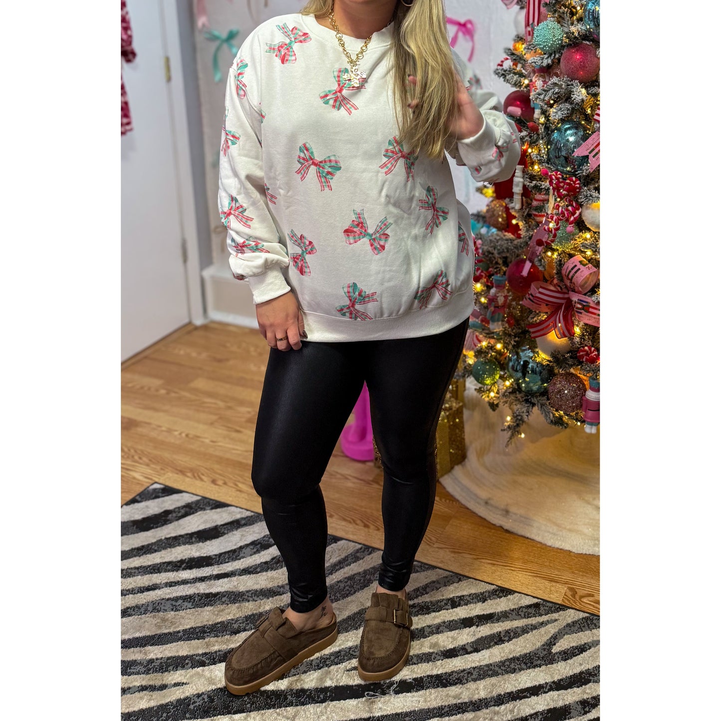 Plaid Bow Pullover, Red/Green/Grey