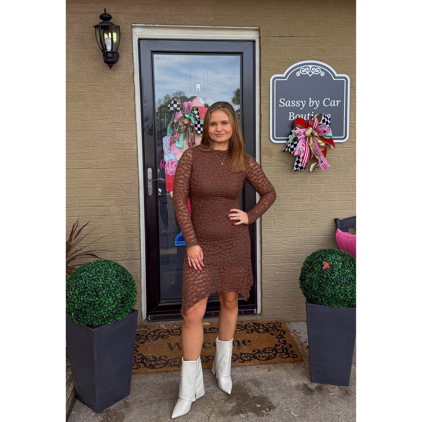 Stella Mesh Detail Mini Dress, Chocolate Brown