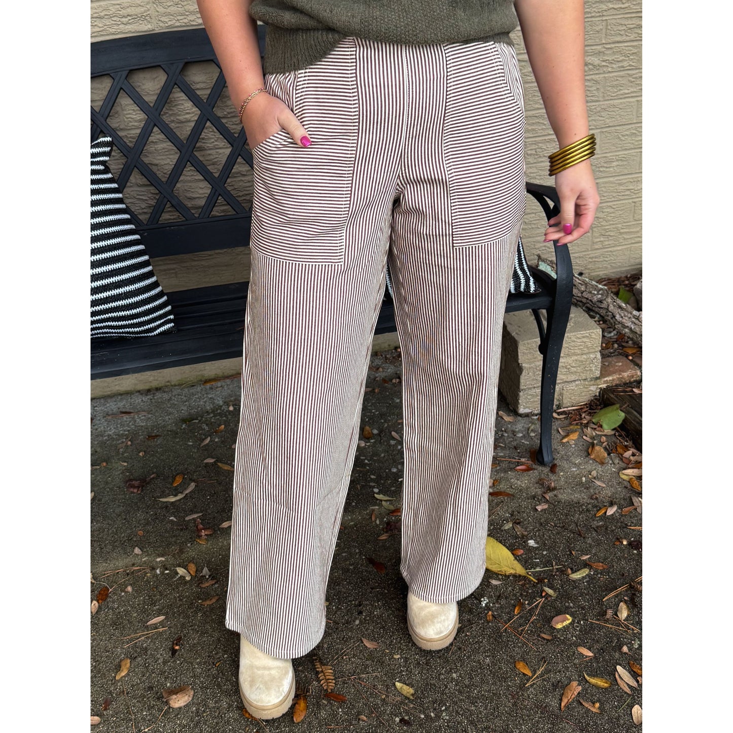 Ariana Stripe Pants, Cream/Taupe