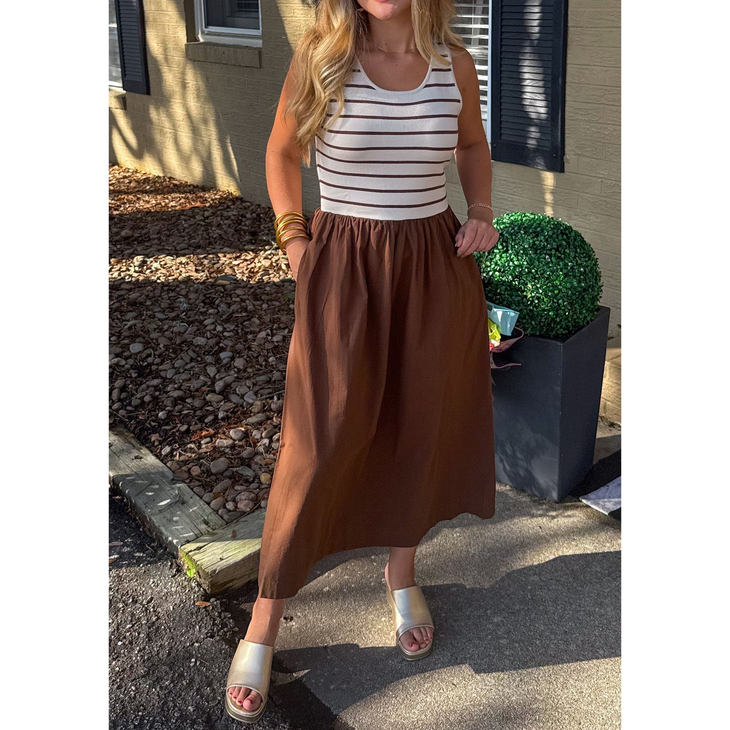 Brielle Detail Midi Dress, Brown/Ivory