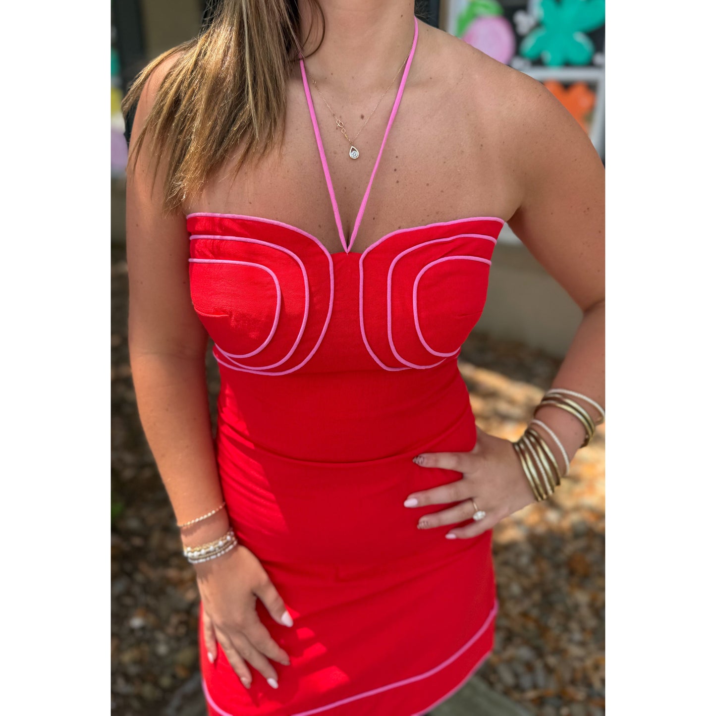 Josie Detail Mini Dress, Red/Pink