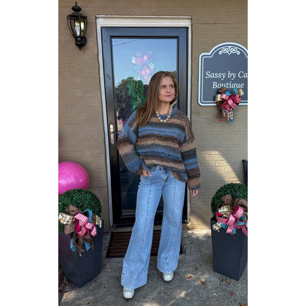 Greer Knit Sweater, Blue/Brown Multi