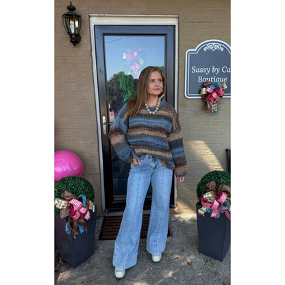 Greer Knit Sweater, Blue/Brown Multi