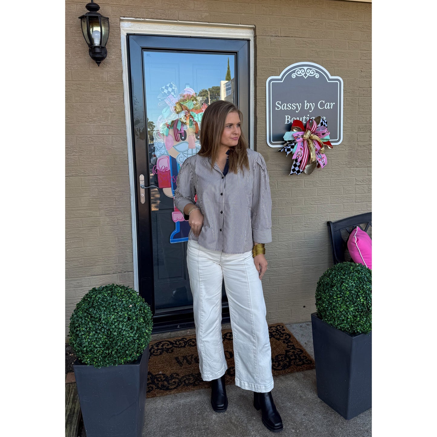 Tatum Stripe Blouse, Navy/Cream