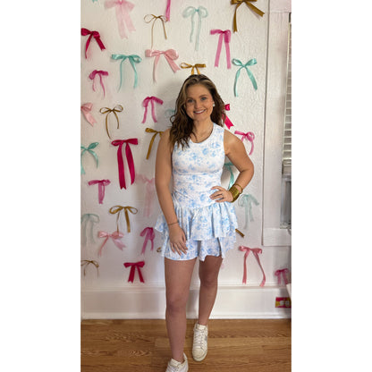 Floral Athleisure Romper, Baby Blue/White