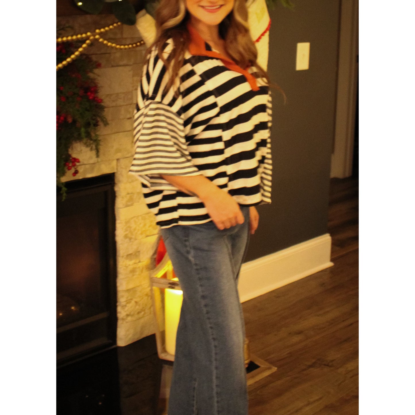 Avery Stripe Top, Black/Pumpkin