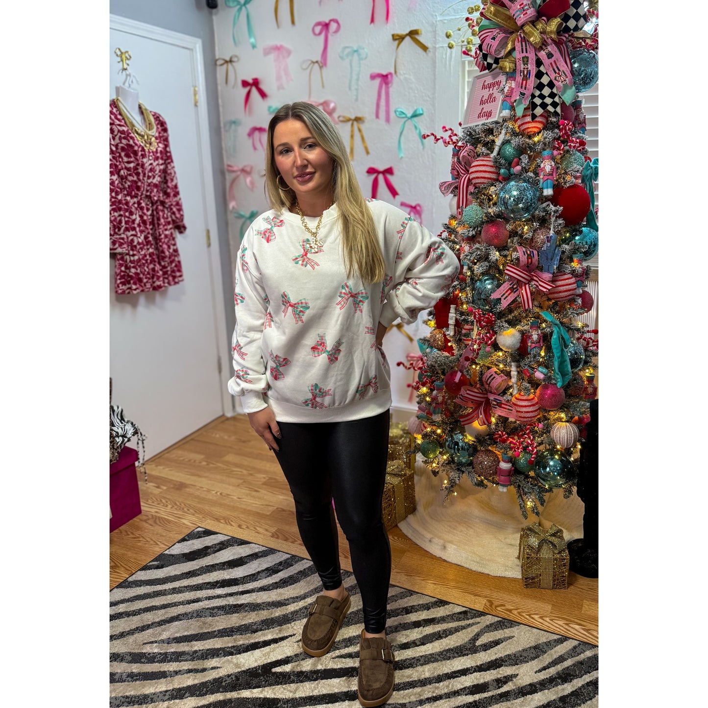 Plaid Bow Pullover, Red/Green/Grey