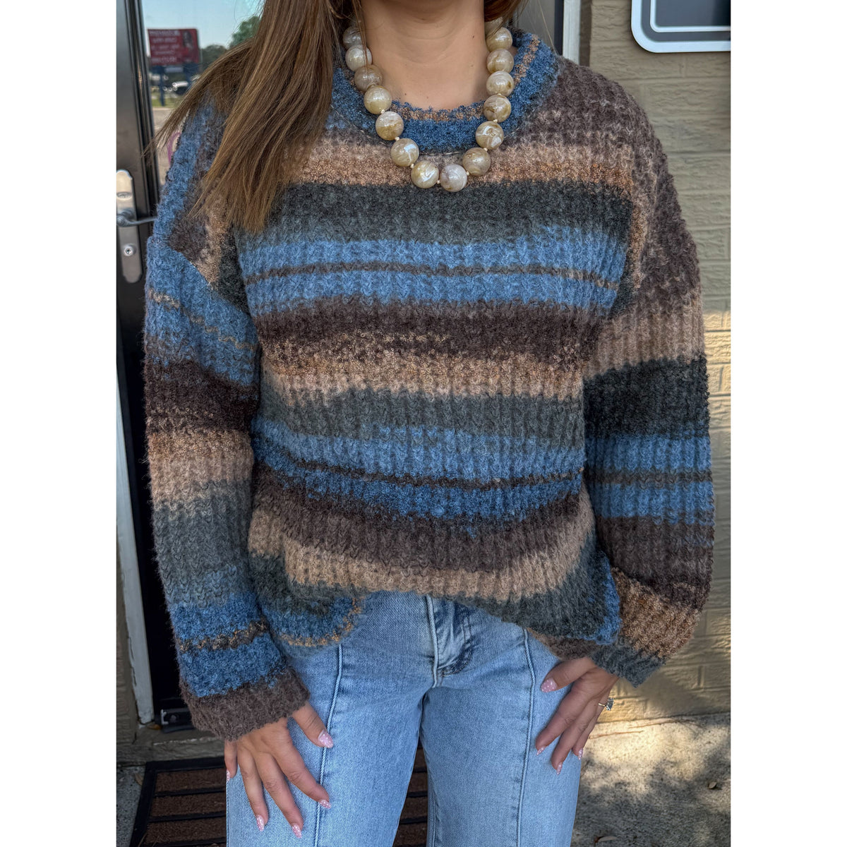 Greer Knit Sweater, Blue/Brown Multi