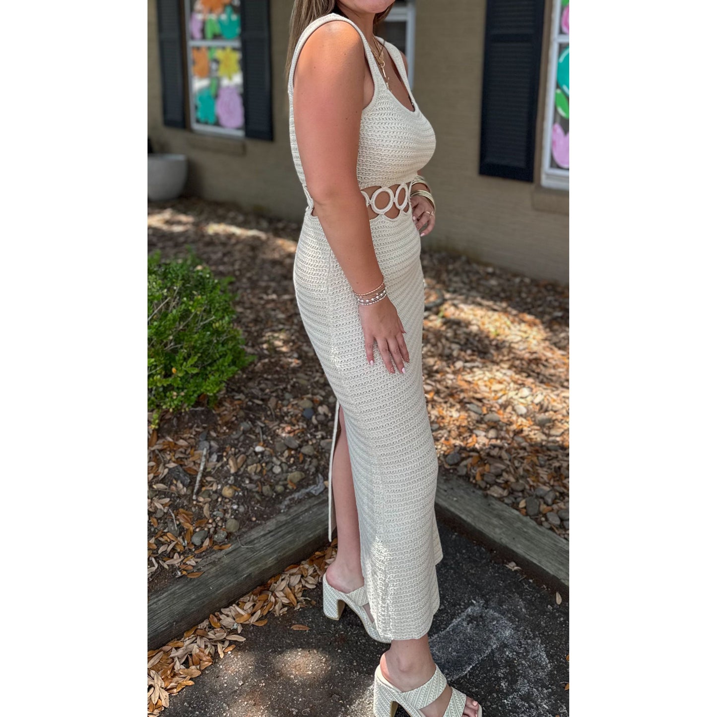 O-Ring Crochet Midi Dress, Cream