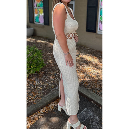 O-Ring Crochet Midi Dress, Cream