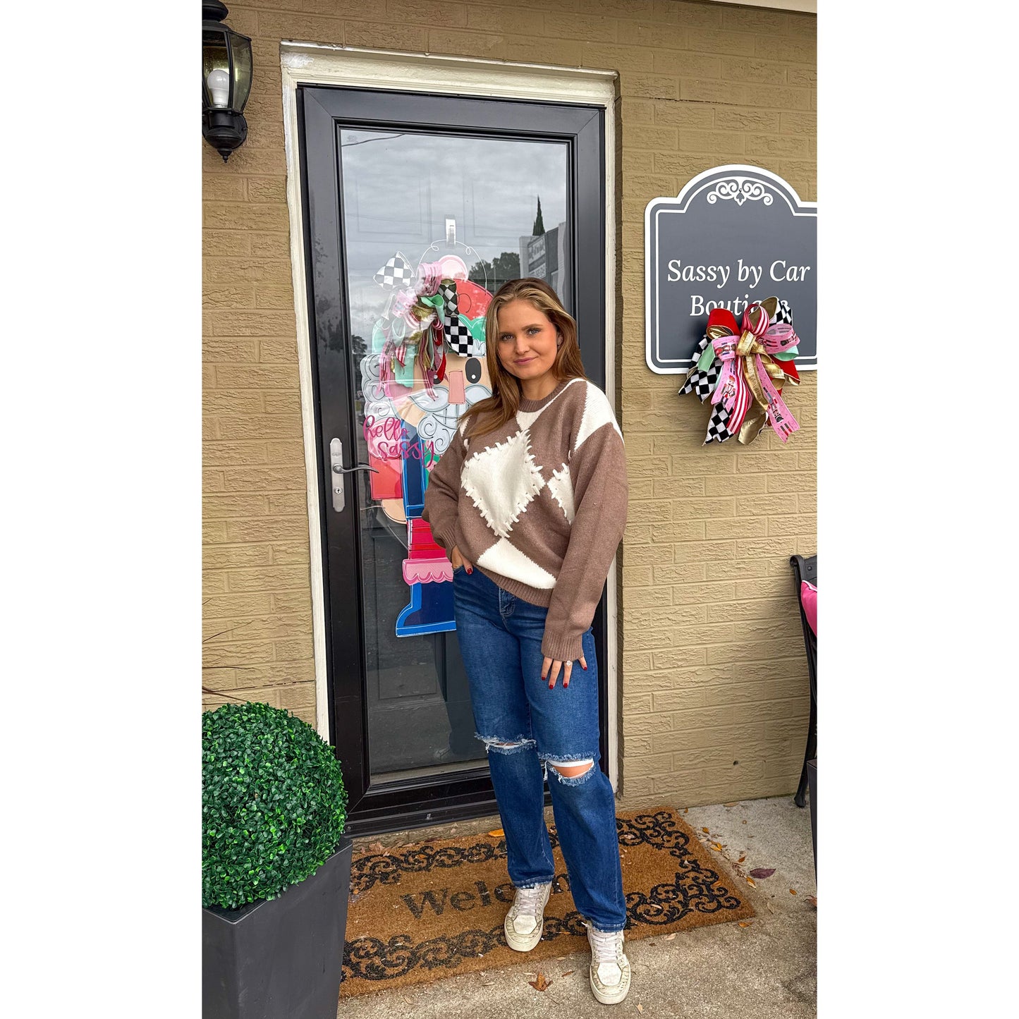 Mocha/Ivory Harlequin Detail Sweater