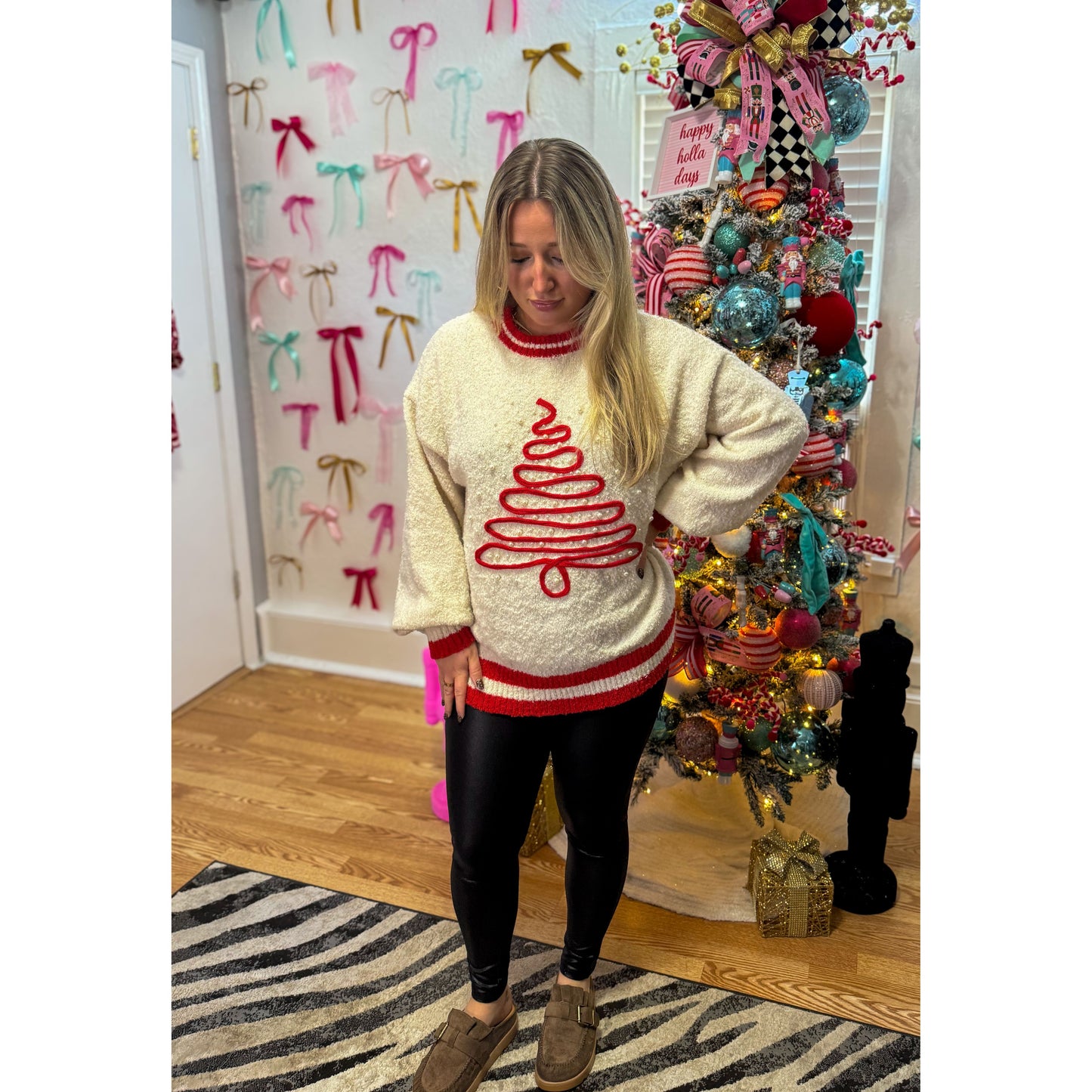 Tree w/ Pearl Sweater, Red/Ecru