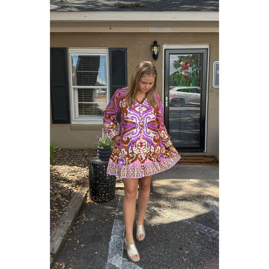 Catherine Pattern Mini Dress, Purple Multi