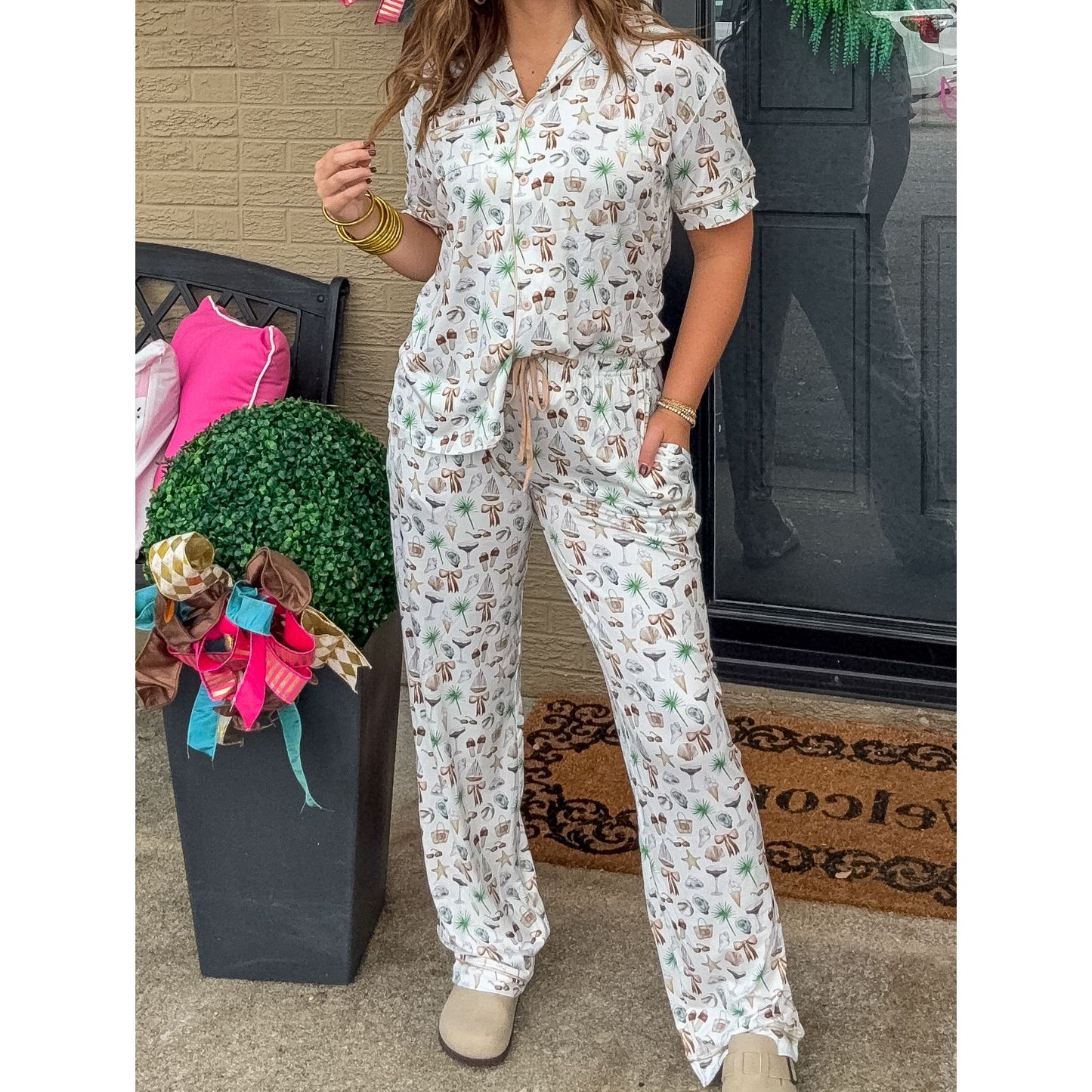 Neutral Coastal Cocktail - Short Sleeve + Pant Pajama Set