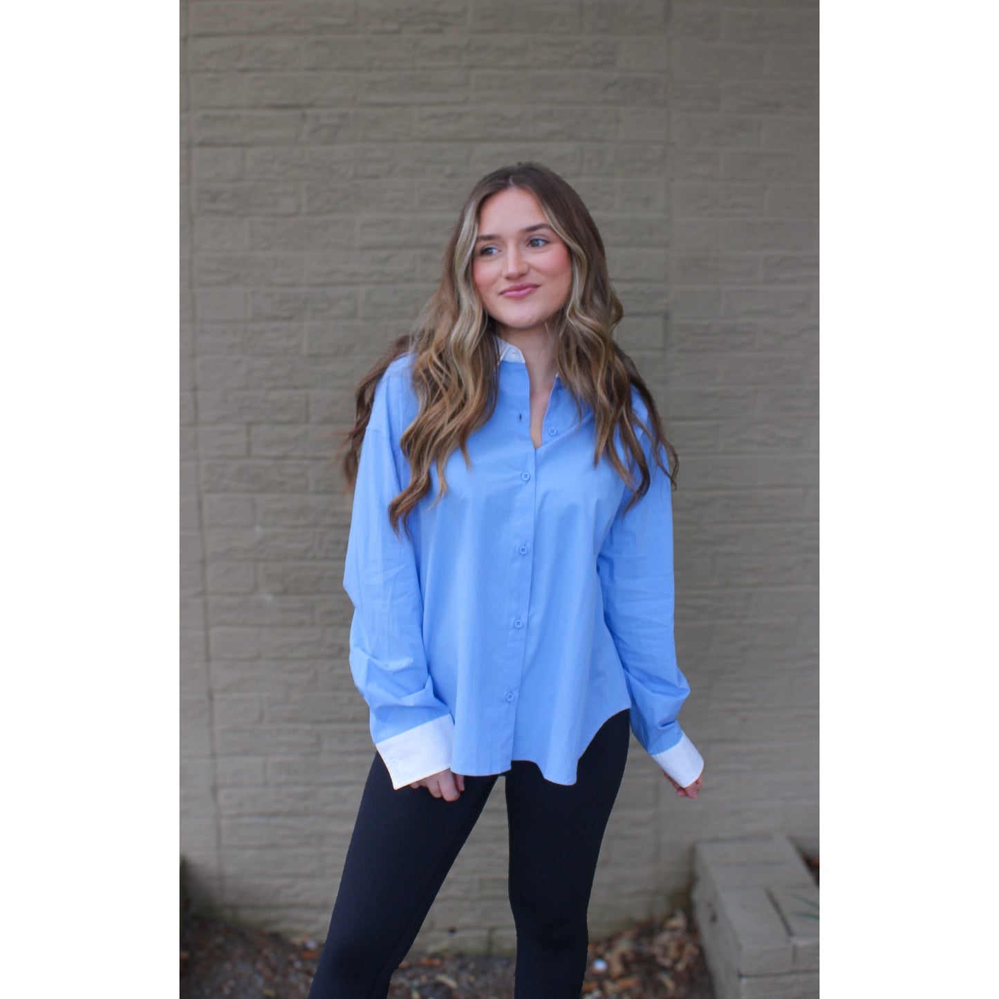 Chambray Button Down Blouse, White/Baby Blue