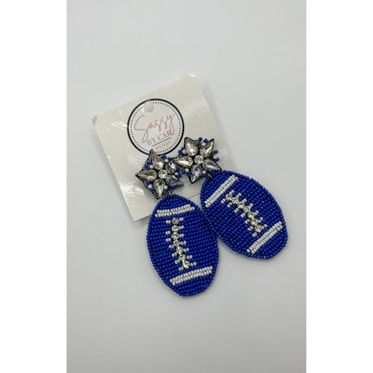 Royal Blue/White Beaded Football Earrings