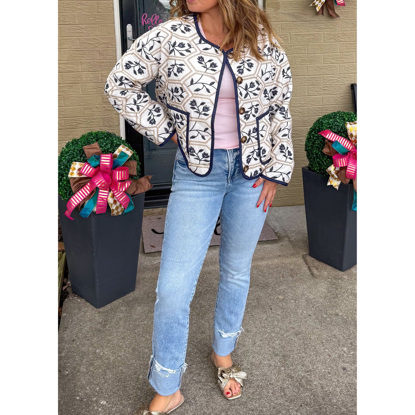 Paige Quilted/Embroidered Jacket, Navy Multi
