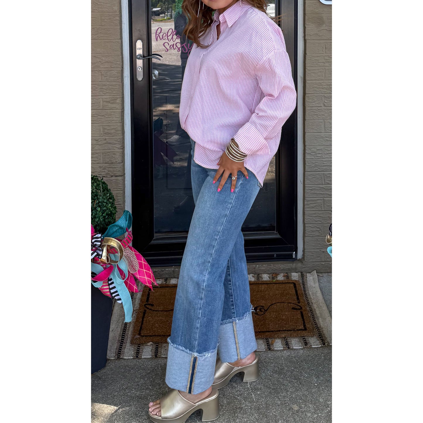 Stripe Button Down Top, Pink/White