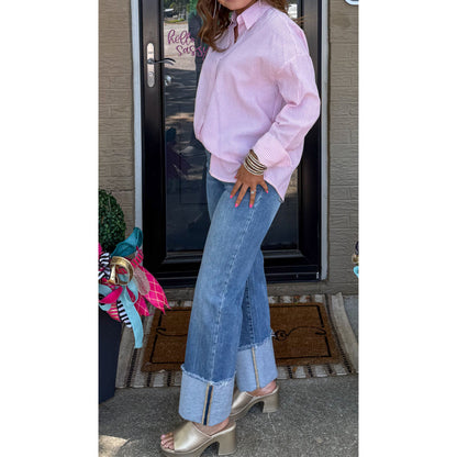 Stripe Button Down Top, Pink/White